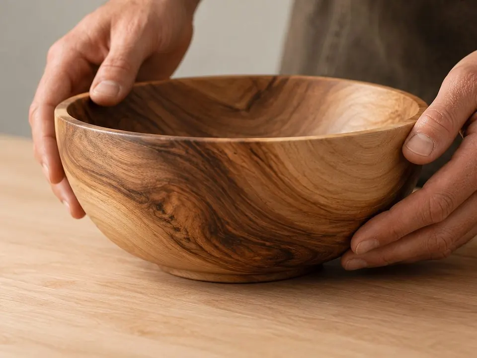 Hands setting a finished wooden bowl down on a counter