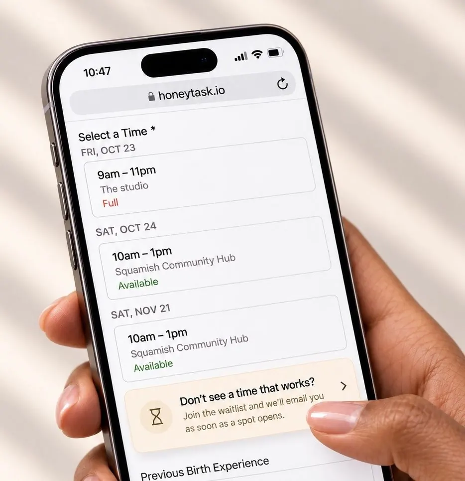 A phone showing class times, one marked full, with an option to join the waitlist